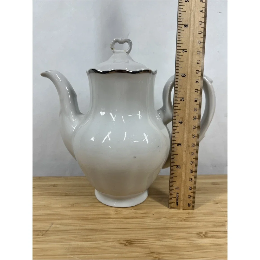 Vintage Polish Porcelain Teapot White Gold Trim – Repaired Lid – Made in‎ Poland
